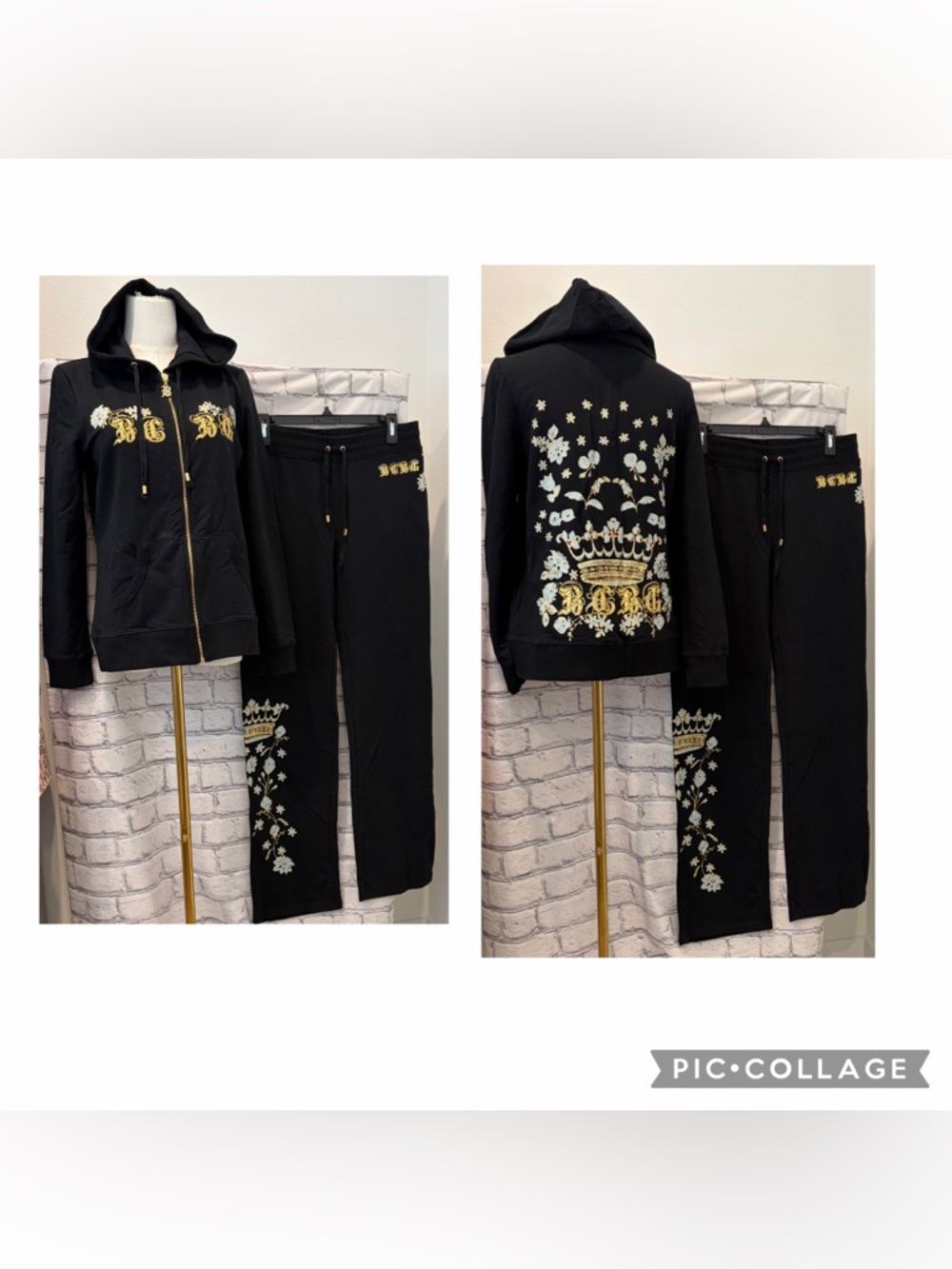 BCBG Maxazria :M Women Black Hoodie & Pants Set  Gold Crown/Floral Embellished